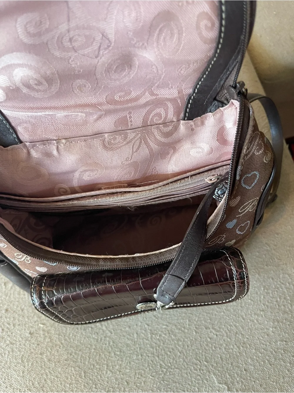 Brown Heart-Print Mini Backpack with Croc-Texture Flap